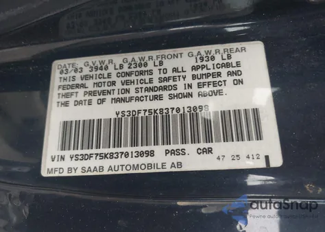 2003 Saab 9-3 Se z USA, uszkodzony, nr VIN YS3DF75K837013098